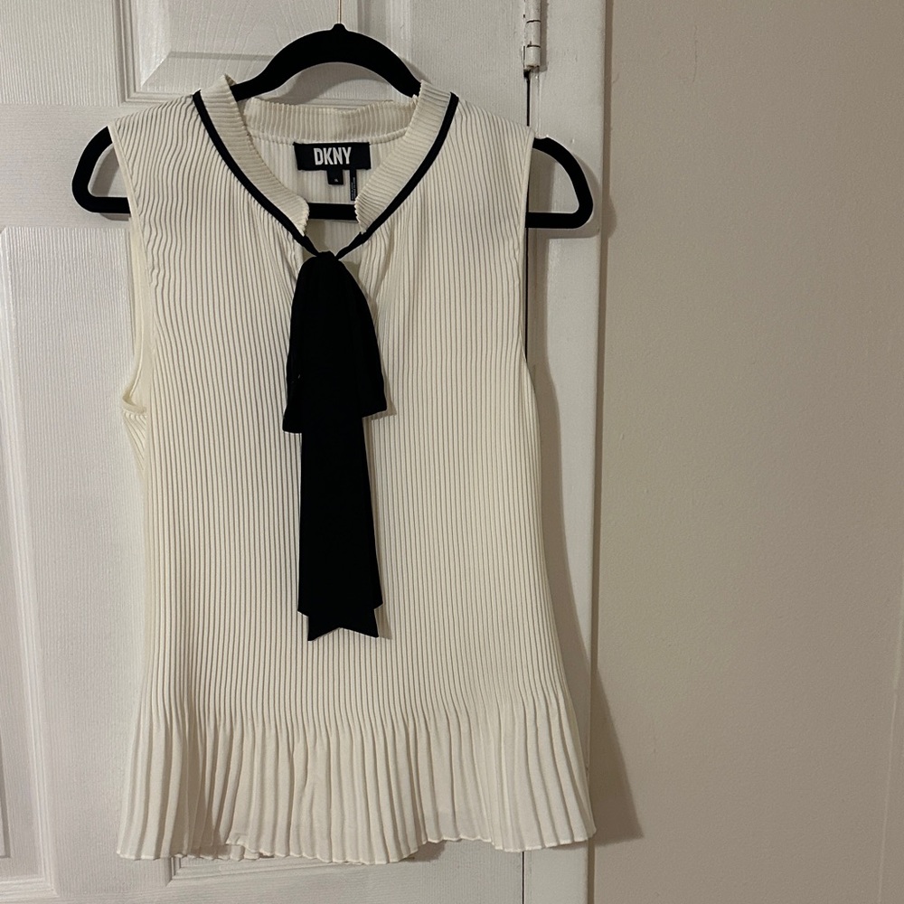 DKNY Ivory Pleated Top with Black Tie